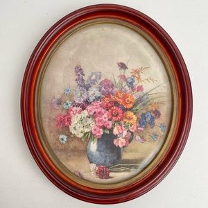 Vintage Floral Still Life Print in Oval Frame